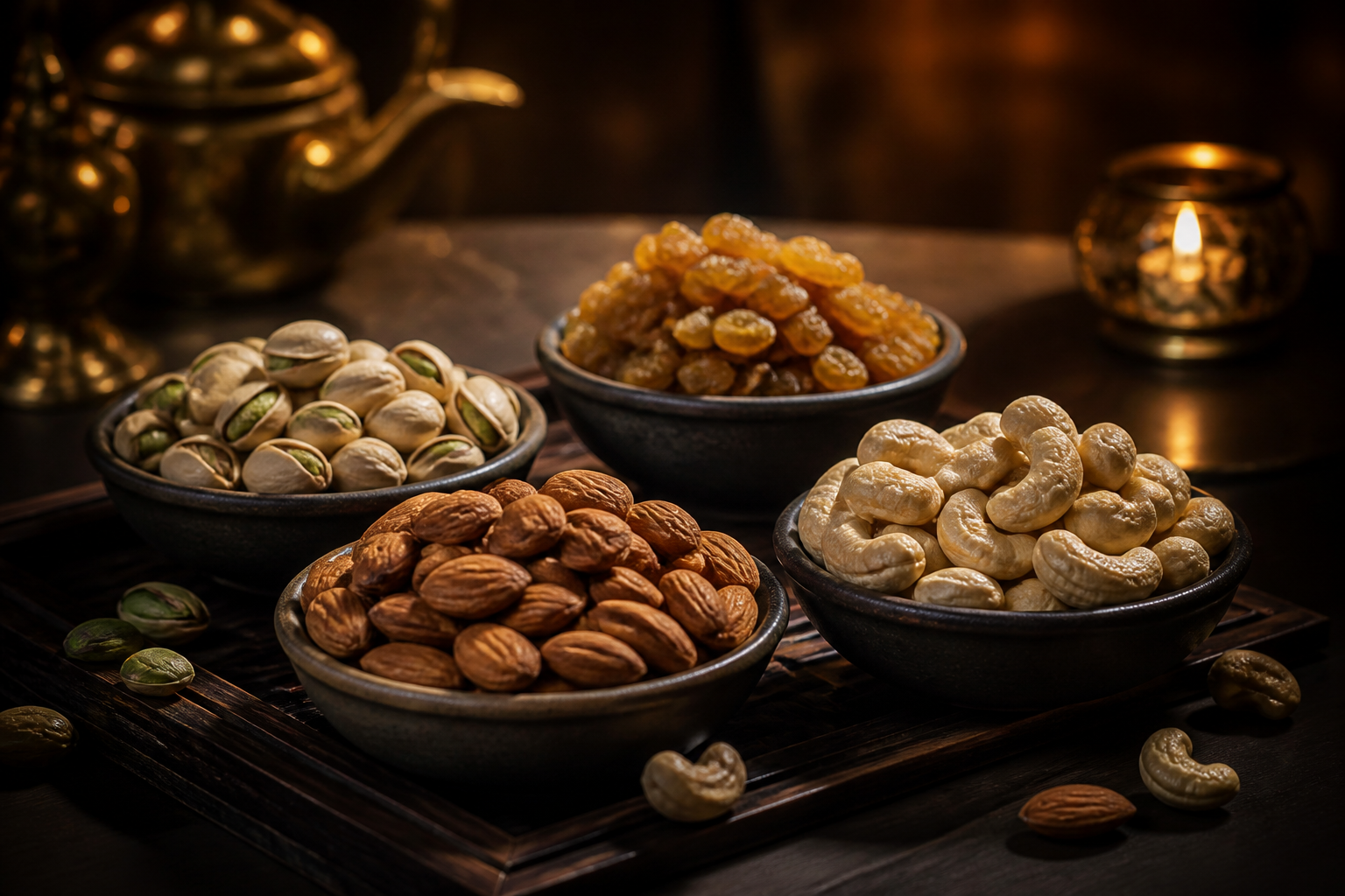 Bowls of almonds, cashews, raisins and pistachios